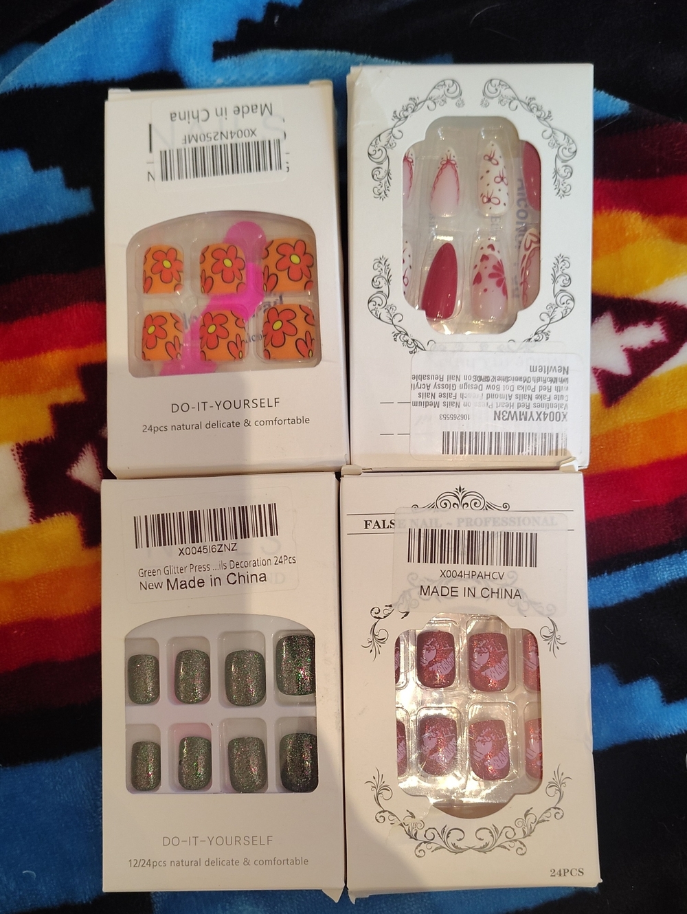 4 Packs Of 24-Pack Press-On Nail Set - Pink, Orange, Green, Red